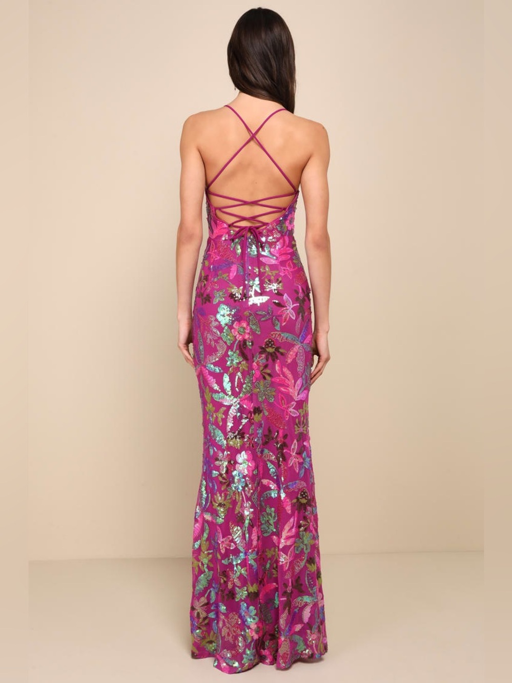 LuLus Magenta Iridescent Sequin Lace-Up Maxi Dress - Picture 2 of 5
